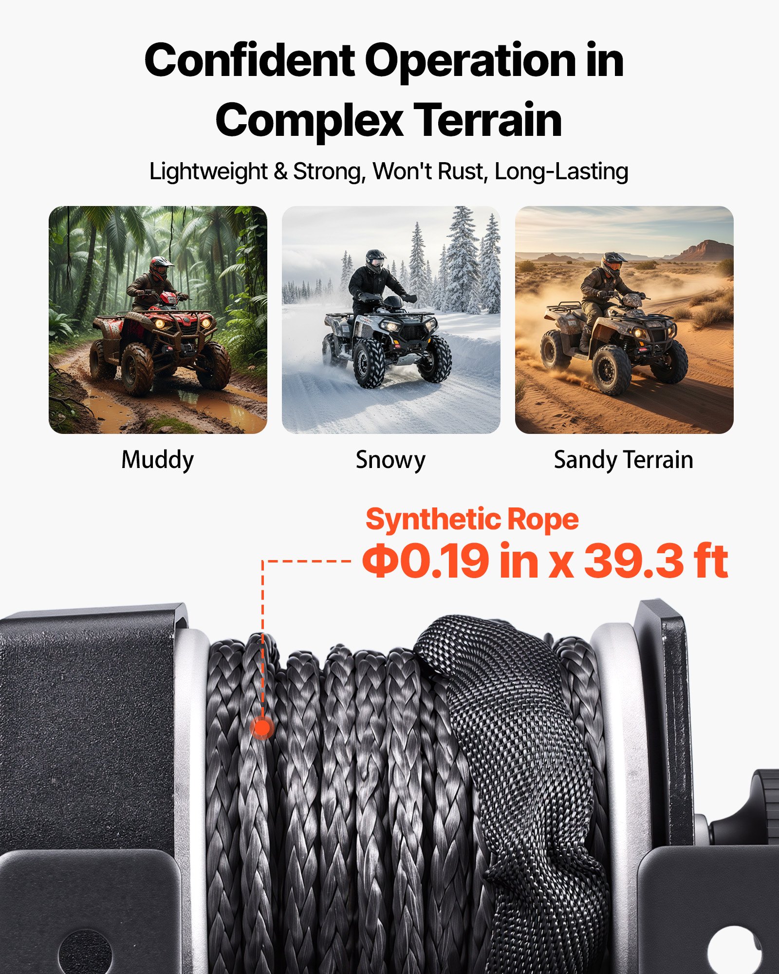 VEVOR 1134 kg Electric Winch, 12V DC ATV/UTV Winch with Φ4.8 mm x 12 m Synthetic Rope & Wired Remote Control, IP55 Waterproof, Aluminum Housing Fairlead Mount Plate for Towing ATV, Black