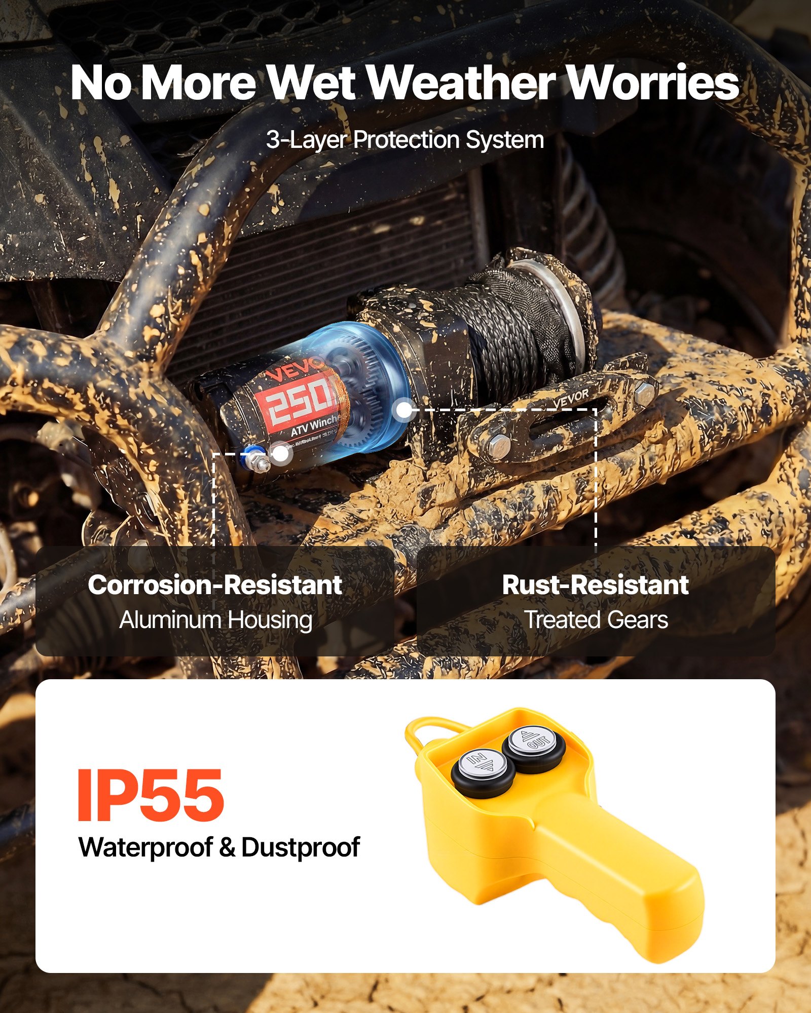 VEVOR 1134 kg Electric Winch, 12V DC ATV/UTV Winch with Φ4.8 mm x 12 m Synthetic Rope & Wired Remote Control, IP55 Waterproof, Aluminum Housing Fairlead Mount Plate for Towing ATV, Black