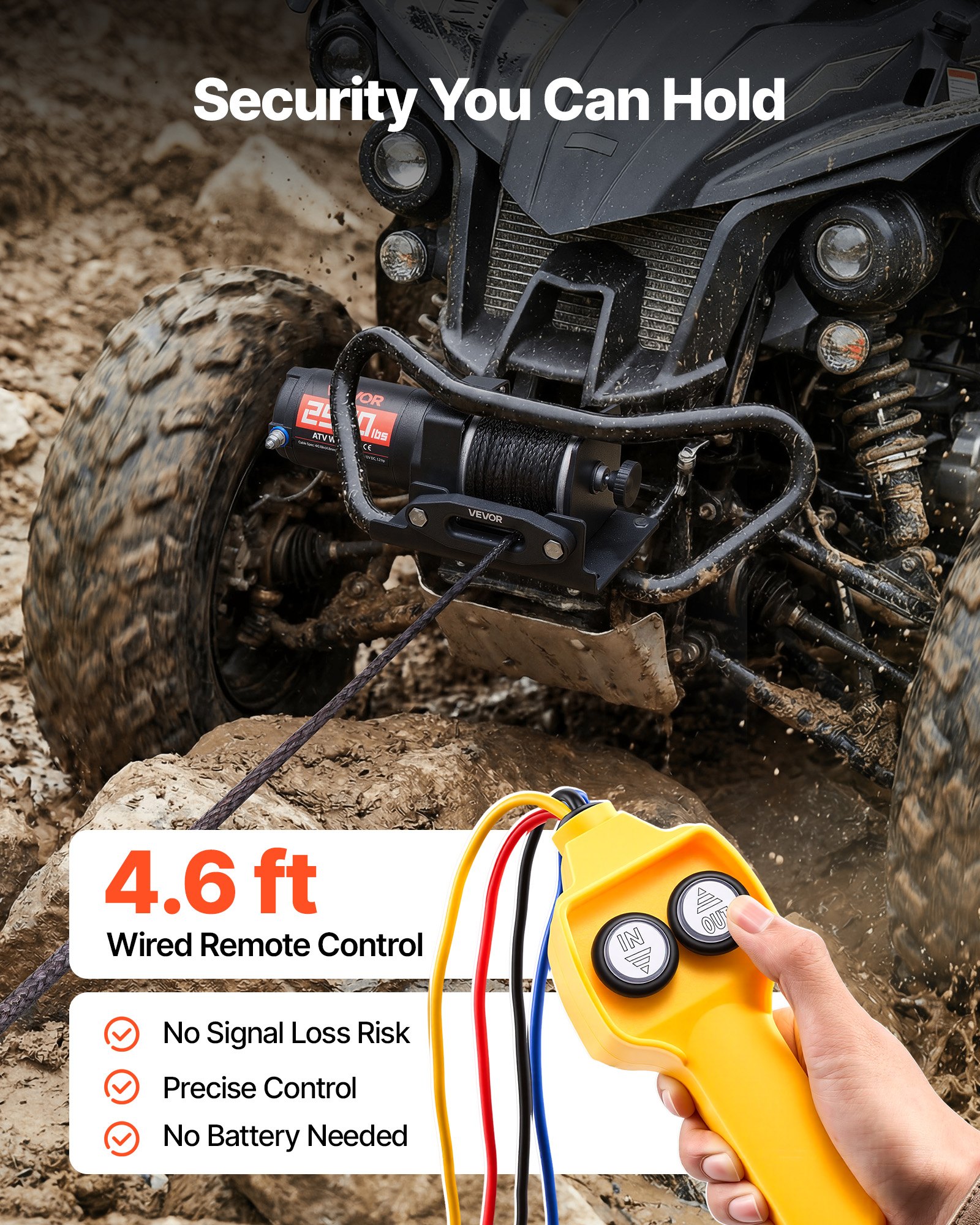 VEVOR 1134 kg Electric Winch, 12V DC ATV/UTV Winch with Φ4.8 mm x 12 m Synthetic Rope & Wired Remote Control, IP55 Waterproof, Aluminum Housing Fairlead Mount Plate for Towing ATV, Black