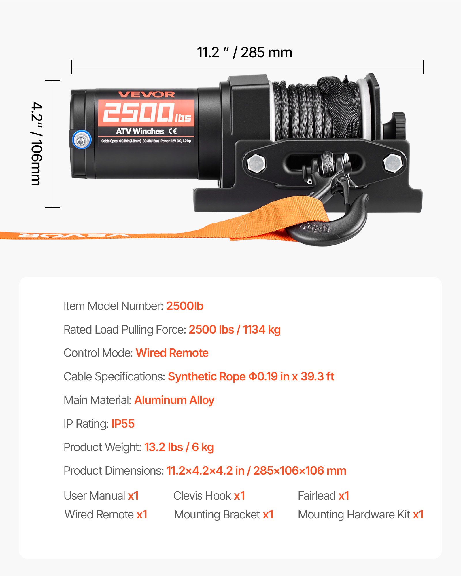 VEVOR 1134 kg Electric Winch, 12V DC ATV/UTV Winch with Φ4.8 mm x 12 m Synthetic Rope & Wired Remote Control, IP55 Waterproof, Aluminum Housing Fairlead Mount Plate for Towing ATV, Black