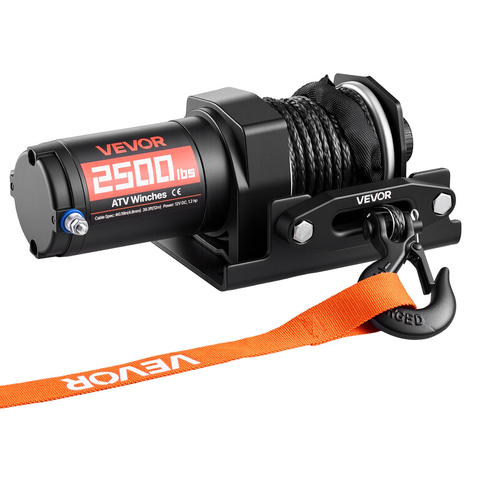 VEVOR 1134 kg Electric Winch, 12V DC ATV/UTV Winch with Φ4.8 mm x 12 m Synthetic Rope & Wired Remote Control, IP55 Waterproof, Aluminum Housing Fairlead Mount Plate for Towing ATV, Black