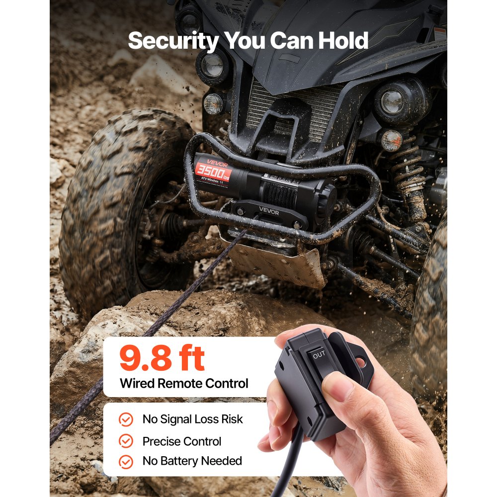 VEVOR 1587 kg Electric Winch, 12V DC ATV/UTV Winch with Φ5.5 mm x 10 m Synthetic Rope & Wired Remote Control, IP55 Waterproof, Aluminum Housing Fairlead Mount Plate for Towing ATV, Black