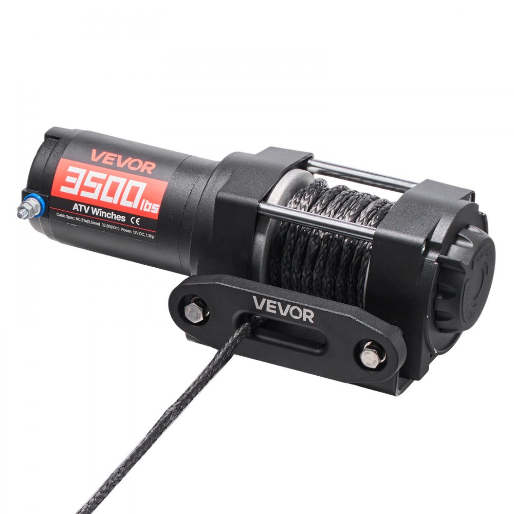VEVOR 1587 kg Electric Winch, 12V DC ATV/UTV Winch with Φ5.5 mm x 10 m Synthetic Rope & Wired Remote Control, IP55 Waterproof, Aluminum Housing Fairlead Mount Plate for Towing ATV, Black