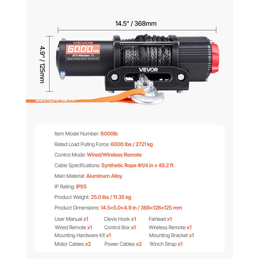 VEVOR 2721 kg Electric Winch, 12V DC ATV/UTV Winch with Φ6 mm x 15 m Synthetic Rope, Wireless & Wired Remote Control, IP55 Waterproof, with Fairlead Mount Plate for Towing ATV UTV Off-Road