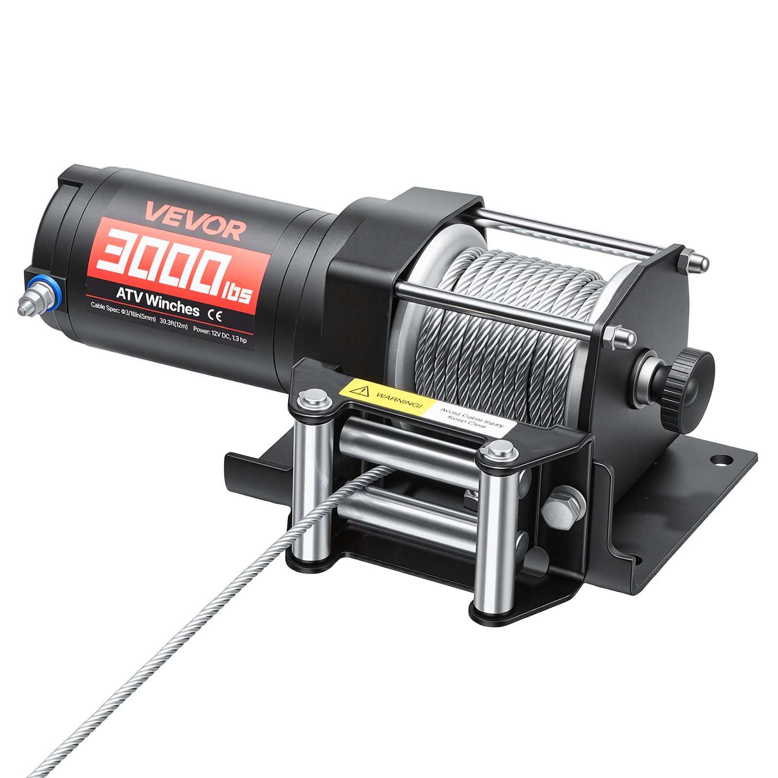 VEVOR 1360 kg Electric Winch, 12V DC ATV/UTV Winch with Φ5 mm x 12 m Steel Wire Rope & Wired Remote Control, IP55 Waterproof, Aluminum Housing Fairlead Mount Plate for Towing ATV, Black