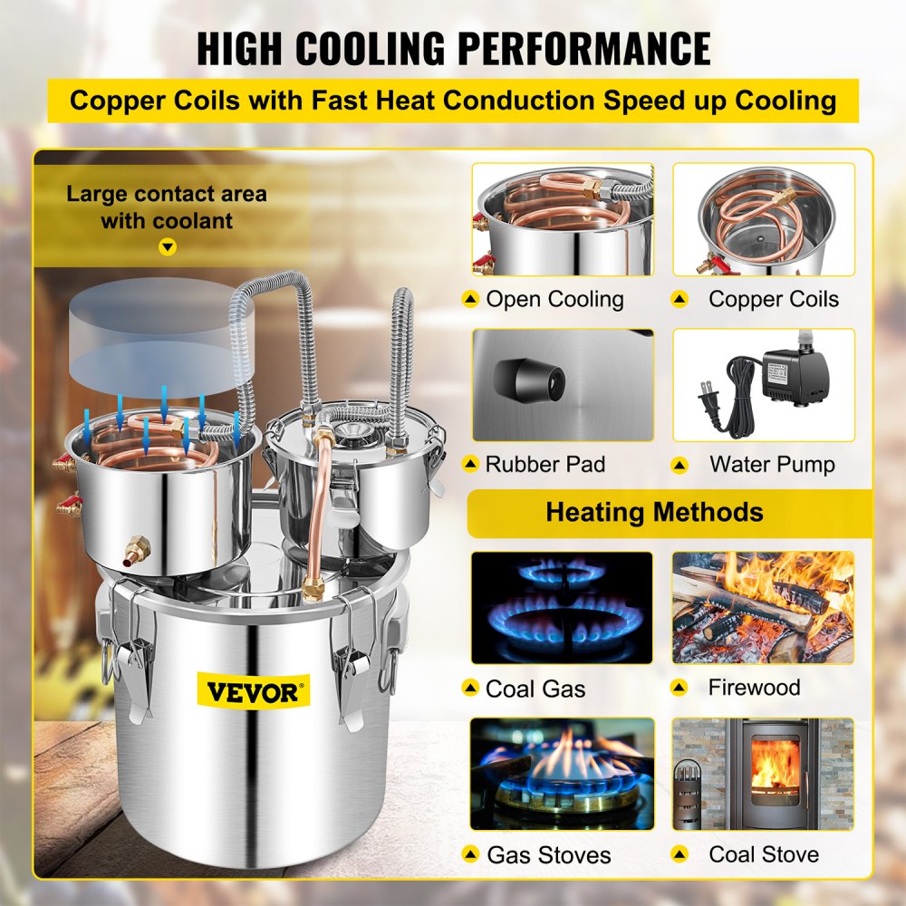 VEVOR Moonshine Still Distiller 50L Stainless Steel Water Distiller Copper Tube with Circulating Pump Home Brewing Kit Build-in Thermometer for DIY Whisky Wine Brandy Spirits (50L)