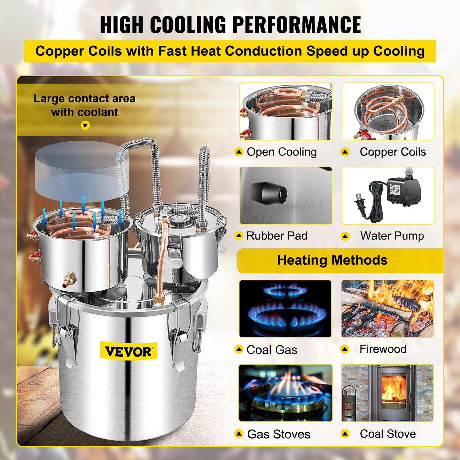 VEVOR Moonshine Still Distiller 50L Stainless Steel Water Distiller Copper Tube with Circulating Pump Home Brewing Kit Build-in Thermometer for DIY Whisky Wine Brandy Spirits (50L)