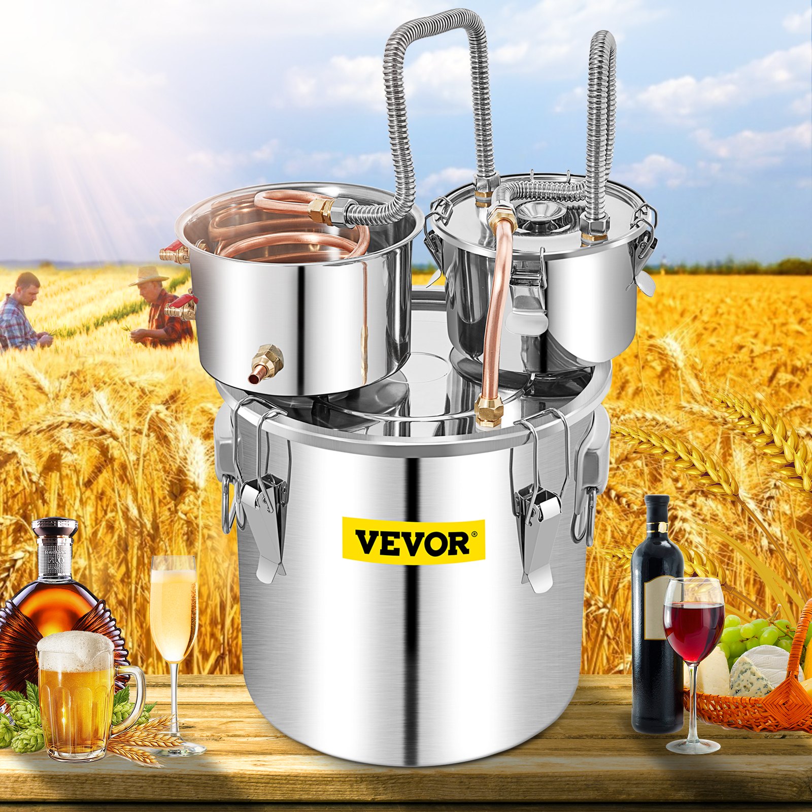VEVOR Moonshine Still Distiller 50L Stainless Steel Water Distiller Copper Tube with Circulating Pump Home Brewing Kit Build-in Thermometer for DIY Whisky Wine Brandy Spirits (50L)