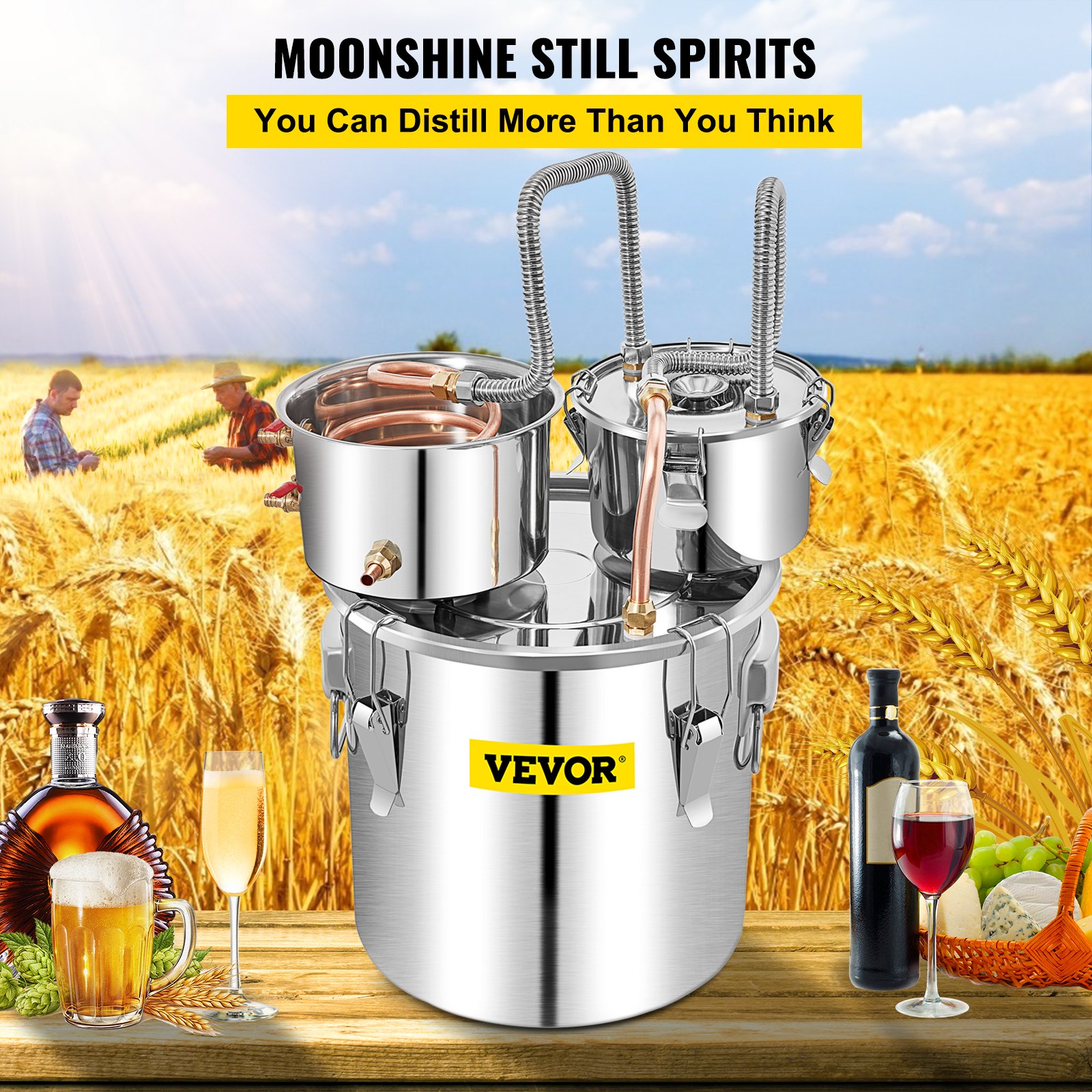 VEVOR Moonshine Still Distiller 50L Stainless Steel Water Distiller Copper Tube with Circulating Pump Home Brewing Kit Build-in Thermometer for DIY Whisky Wine Brandy Spirits (50L)