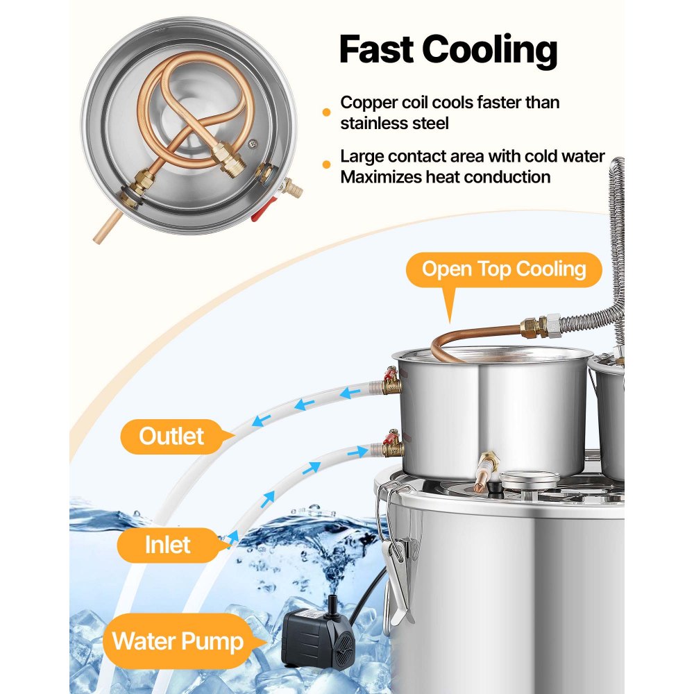 VEVOR Alcohol Still, 13.2Gal / 50L Stainless Steel Water Alcohol Distiller Copper Tube Home Brewing Kit Build-in Thermometer for DIY Whisky Wine Brandy, Silver