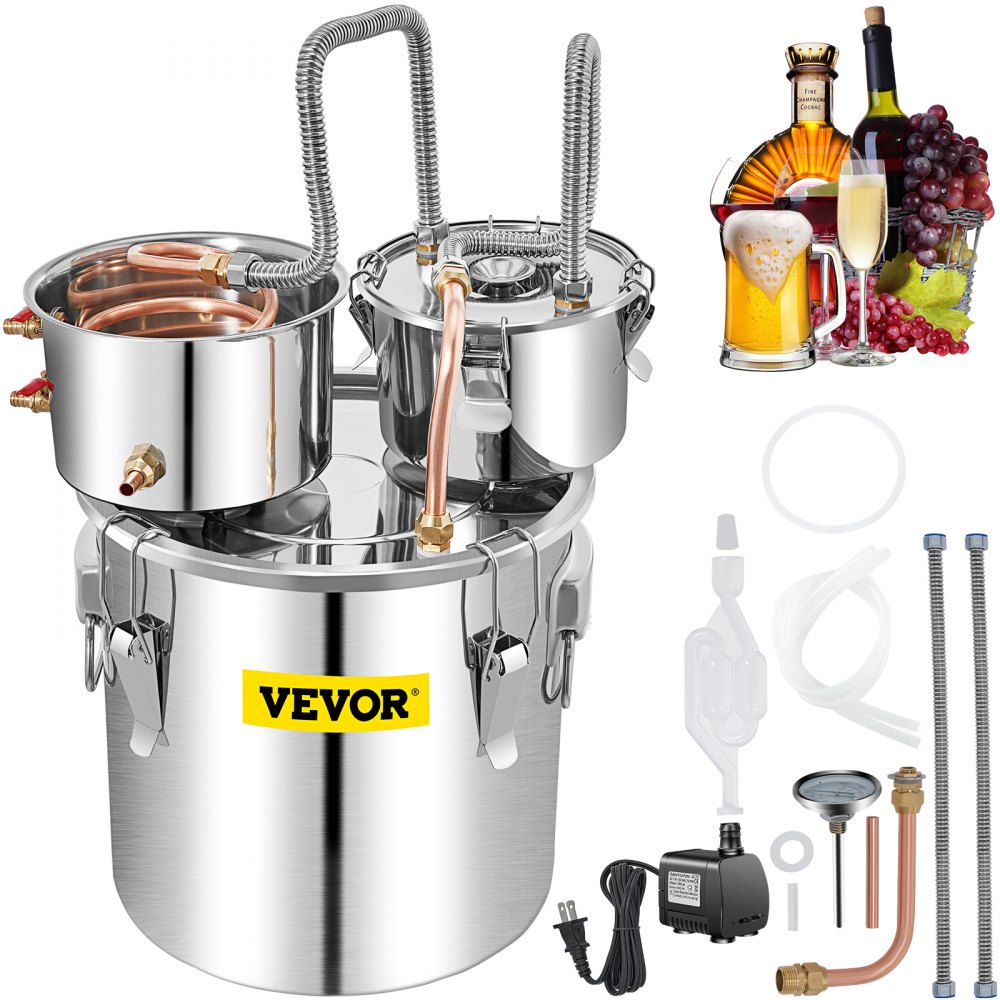 Alcohol Still, 3 Gallon, Stainless Steel Alcohol Distiller with Copper Tube  & Build-in Thermometer & Water Pump, Double Thumper Keg Home Brewing Kit