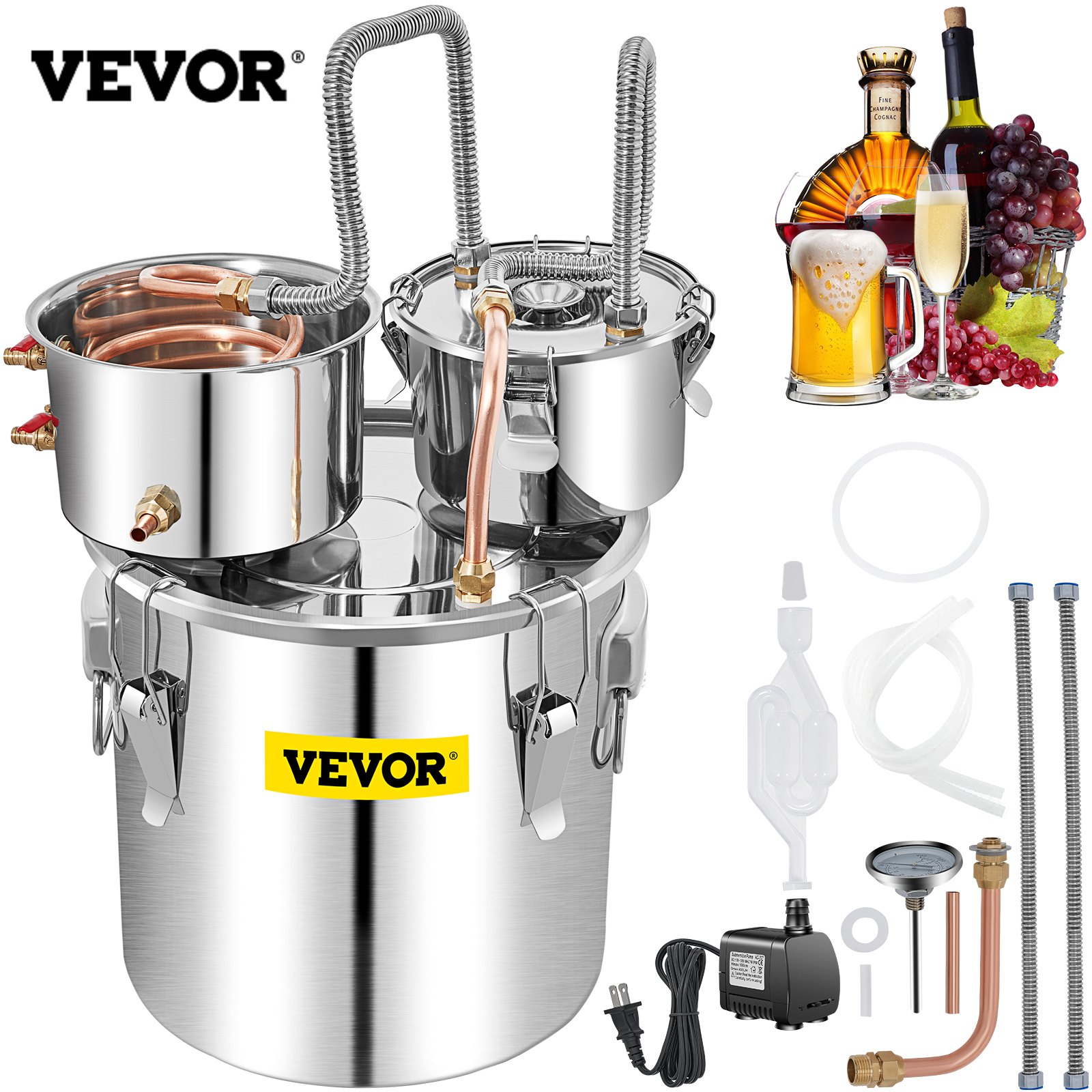 VEVOR Alcohol Still, 50L SUS Water Alcohol Distiller w/Condenser & Thumper Keg, 13.2Gal Wine Making Boiler w/Copper Tube, Home Brewing Kit w/Built-in Thermometer for DIY Whiskey Wine Brandy, Silver