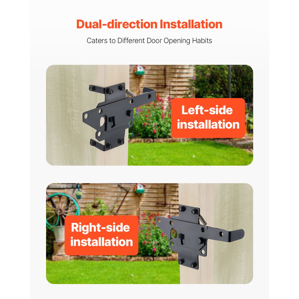 Pestillo de puerta autoblocante VEVOR, palanca de gravedad automática de metal resistente, herraje con múltiples orificios de bloqueo, acabado mate con recubrimiento en polvo, ideal para cercas, garajes, piscinas y jardines, color negro