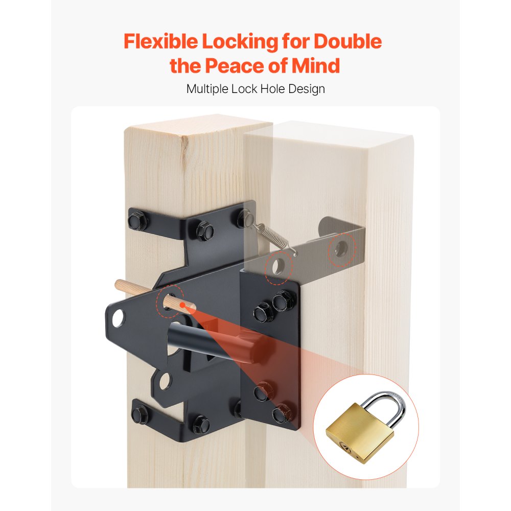 Pestillo de puerta autoblocante VEVOR, palanca de gravedad automática de metal resistente, herraje con múltiples orificios de bloqueo, acabado mate con recubrimiento en polvo, ideal para cercas, garajes, piscinas y jardines, color negro