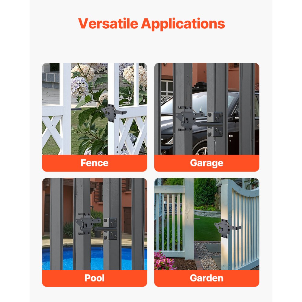 Pestillo de puerta autoblocante VEVOR, palanca de gravedad automática de metal resistente, herraje con múltiples orificios de bloqueo, acabado mate con recubrimiento en polvo, ideal para cercas, garajes, piscinas y jardines, color negro