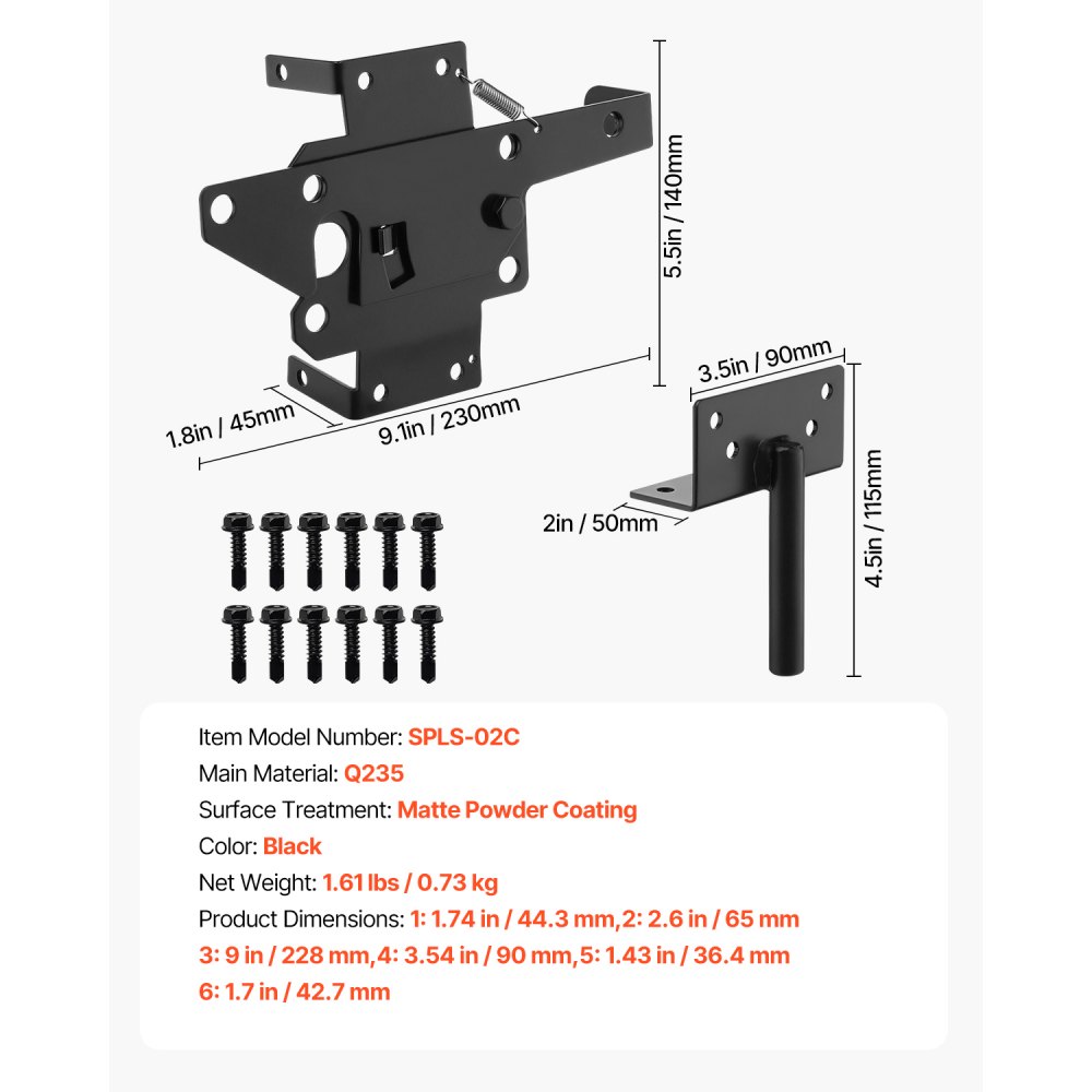 Pestillo de puerta autoblocante VEVOR, palanca de gravedad automática de metal resistente, herraje con múltiples orificios de bloqueo, acabado mate con recubrimiento en polvo, ideal para cercas, garajes, piscinas y jardines, color negro