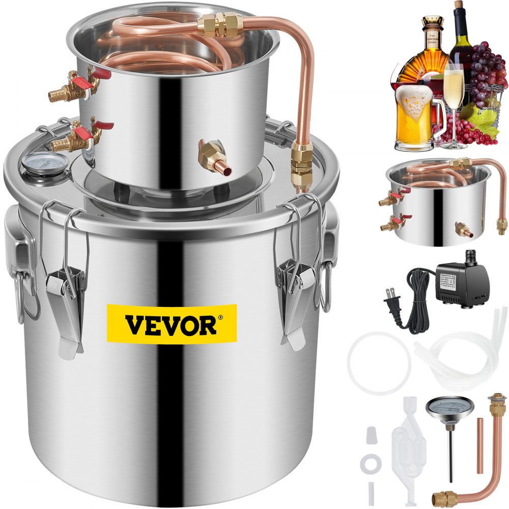VEVOR Water Alcohol Distiller, Gal, Distillery Kit w/Circulating Pump,  Alcohol Still Copper Tube, Whiskey Distilling Kit w/Build-In Thermometer,  Whiskey Making Kit for DIY Alcohol, Stainless Steel VEVOR US