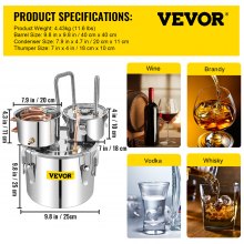 VEVOR Moonshine Still Distiller 3Gal 12L Stainless Steel Water Distiller Copper Tube with Circulating Pump Home Brewing Kit Build-in Thermometer for DIY Whisky Wine Brandy Spirits