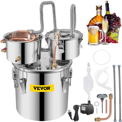 VEVOR Moonshine Still Distiller 3Gal 12L Stainless Steel Water Distiller Copper Tube with Circulating Pump Home Brewing Kit Build-in Thermometer for DIY Whisky Wine Brandy Spirits