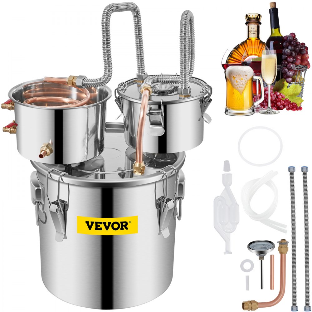 VEVOR Moonshine Still Distiller 3Gal 12L Destilador de água de aço inoxidável Tubo de cobre com bomba de circulação Kit de fabricação de cerveja caseira Termômetro embutido