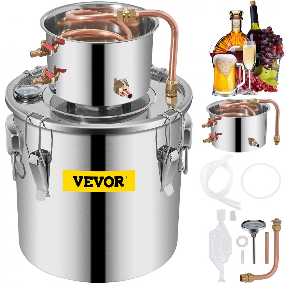 VEVOR distiller kit with stainless steel pot, copper tubing, and accessories.