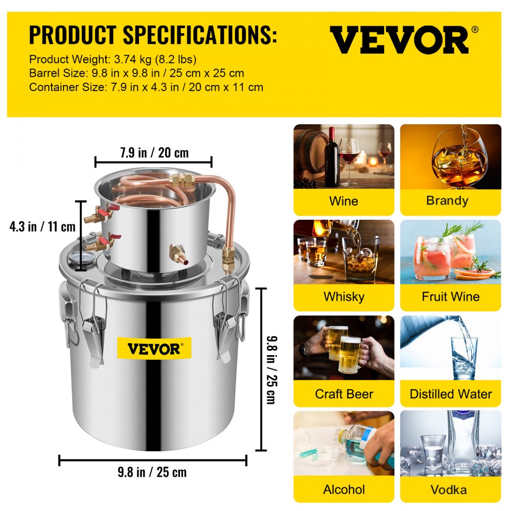 VEVOR distiller kit, dimensions and product uses including wine, whisky, distilled water.
