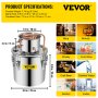 VEVOR distiller kit, dimensions and product uses including wine, whisky, distilled water.