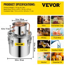 VEVOR 12L Distillateur d'alcool d'eau 3GAL Chaudière de fabrication de vin en cuivre Kit de distillation de brassage multi-maison pour le vin de fruits, l'eau, le brandy et le raffinage des extraits de plantes