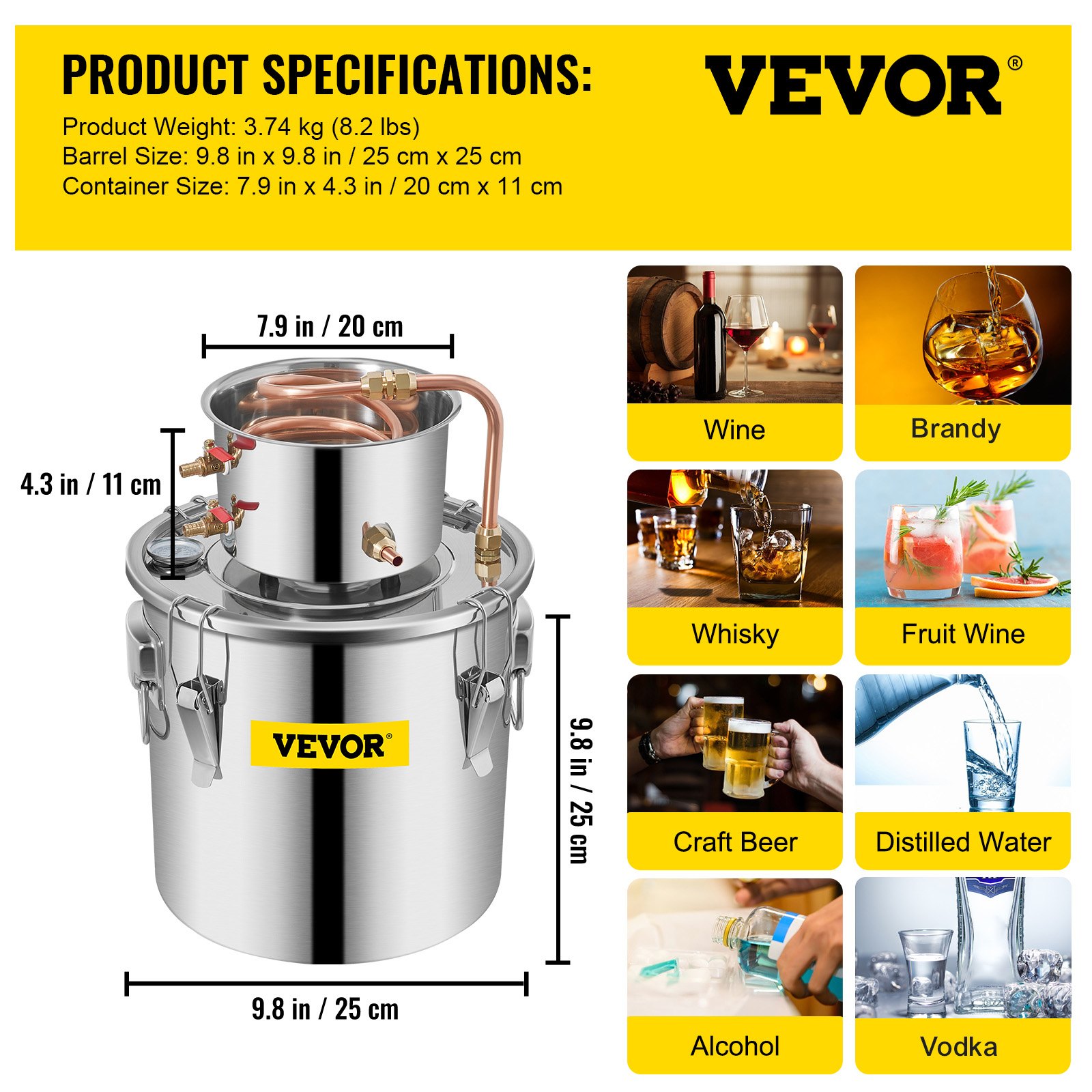VEVOR distiller kit, dimensions and product uses including wine, whisky, distilled water.