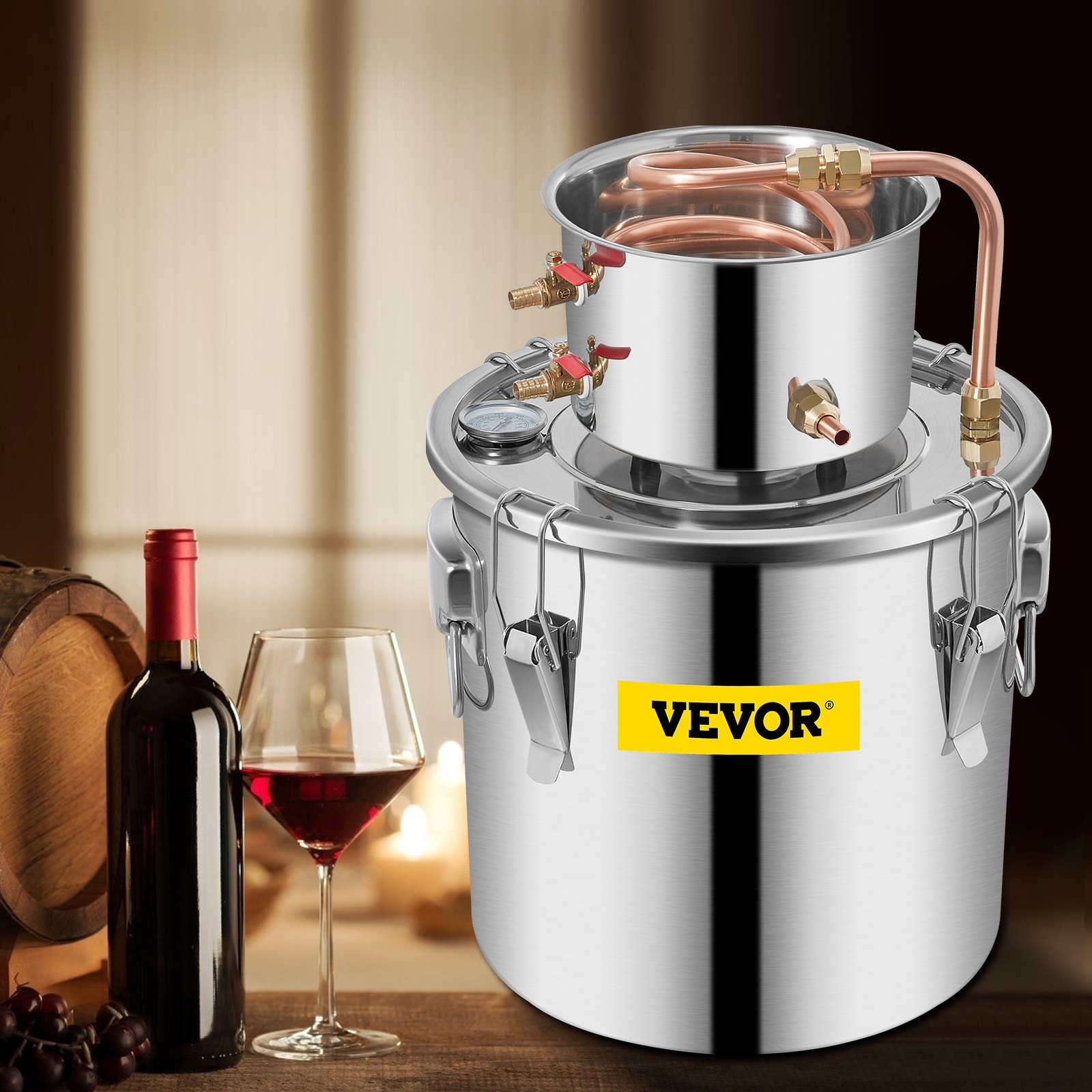 stainless steel VEVOR distiller kit with wine bottle, glass, and wooden barrel.