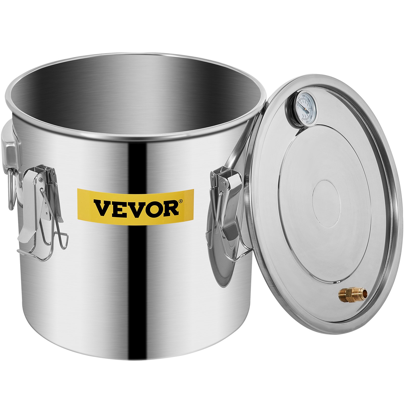 VEVOR distiller kit with stainless steel body and open lid displaying a thermometer.