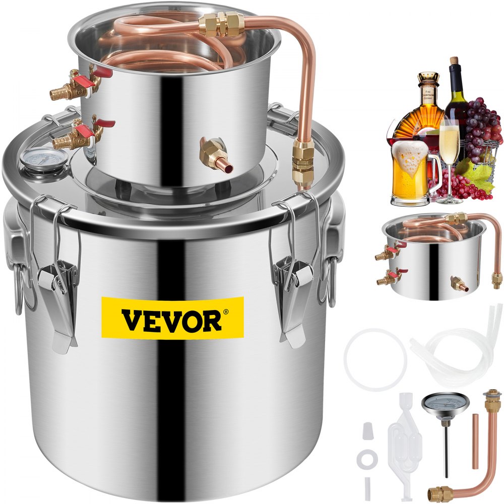 VEVOR moonshine still with copper coil, thermometer, and accessories.