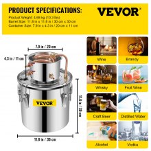 VEVOR Moonshine Still Distiller 5Gal 21L Stainless Steel Water Distiller Copper Tube Home Brewing Kit Build-in Thermometer