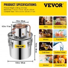 VEVOR Moonshine Still 5 Gal 21L Stainless Steel Water Alcohol Distiller Copper Tube Home Brewing Kit Build-in Thermometer for DIY Whisky Wine Brandy, 5Gal, Silver