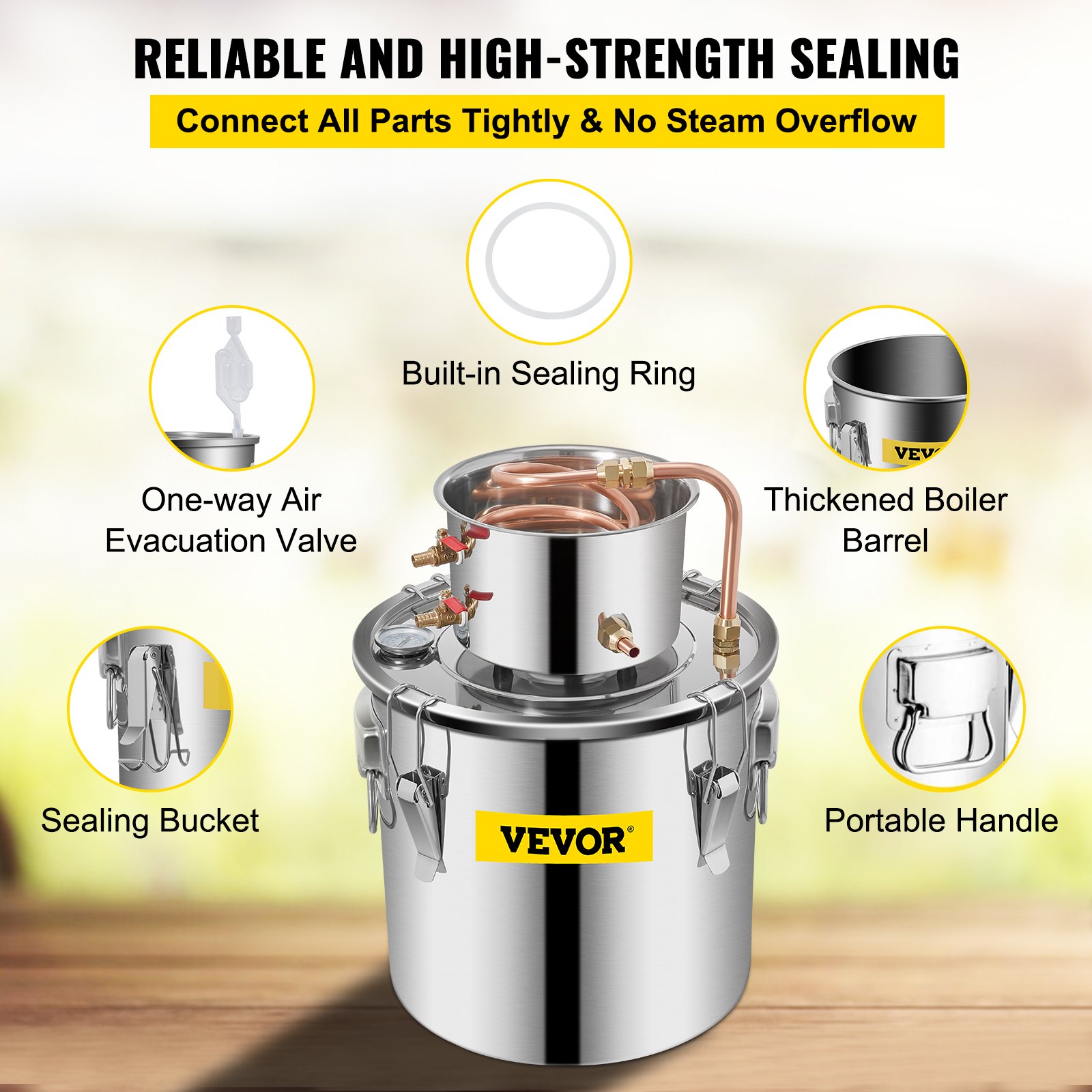 VEVOR Moonshine Still Distiller 5Gal 21L Stainless Steel Water Distiller Copper Tube Home Brewing Kit Build-in Thermometer for DIY Whisky Wine Brandy Sliver