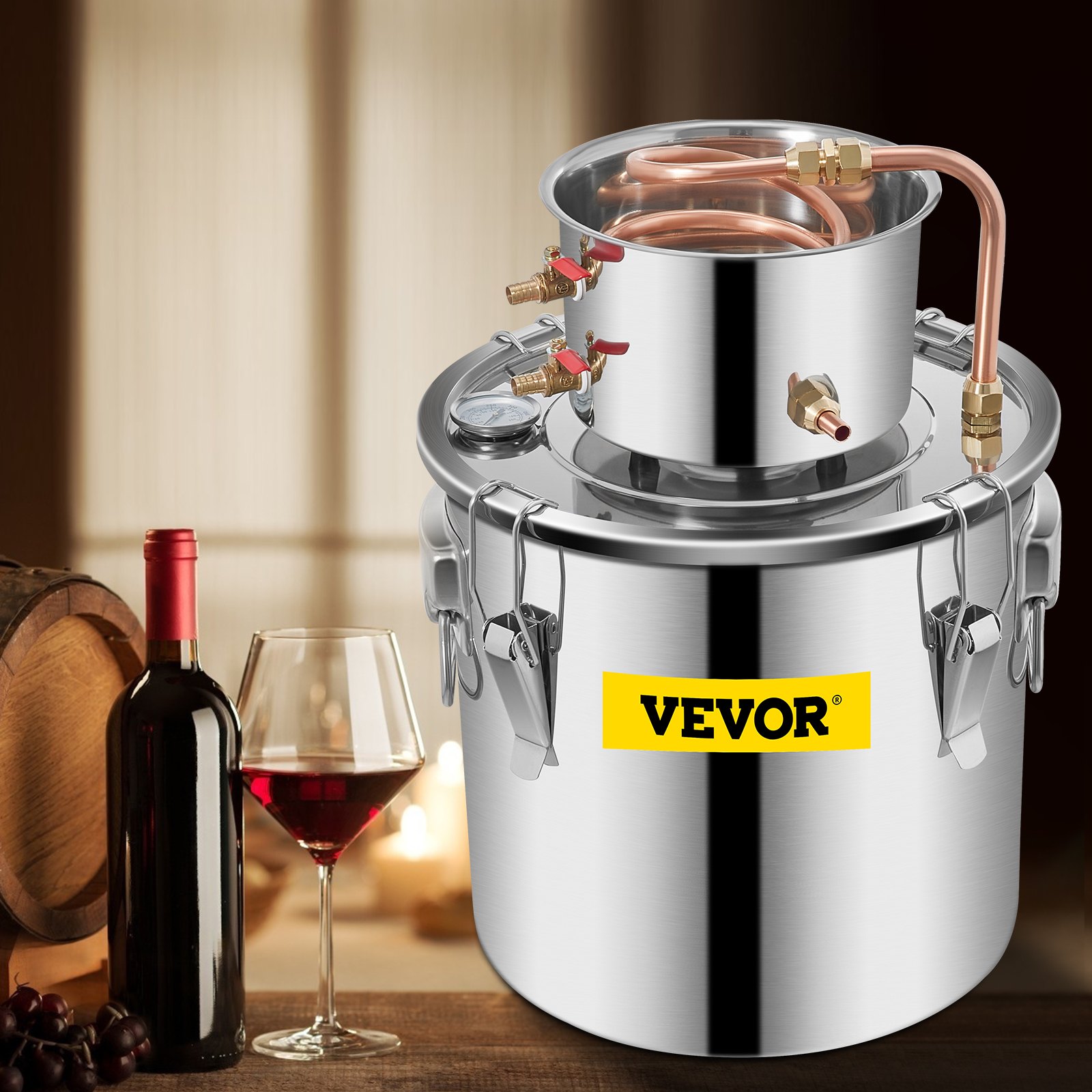 VEVOR Moonshine Still Distiller 5Gal 21L Stainless Steel Water Distiller Copper Tube Home Brewing Kit Build-in Thermometer for DIY Whisky Wine Brandy Sliver