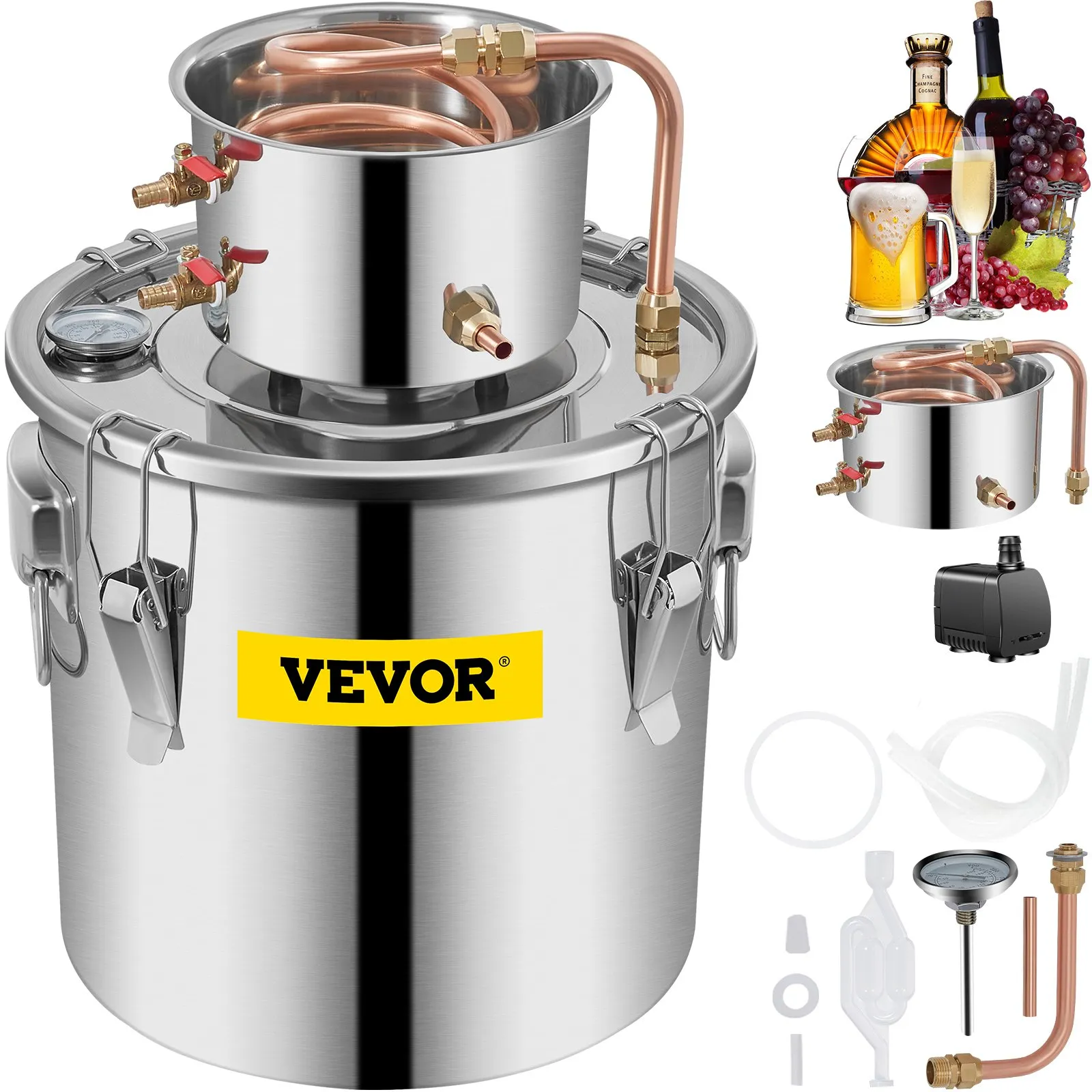 VEVOR Alcohol Still 9.6Gal/38L, Alcohol Distiller with Circulating Pump, Alcohol Still Copper Tube, Whiskey Distilling Kit with Build-In Thermometer, Whiskey Making Kit for DIY Alcohol, Stainless Stee