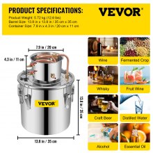 VEVOR Moonshine Still 9.6Gal 38L Stainless Steel Water Alcohol Distiller Copper Tube Home Brewing Kit Build-in Thermometer for DIY Whisky Wine Brandy, Sliver