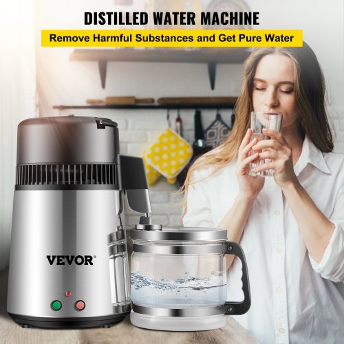 VEVOR Silver Water Distiller 1.1 Gallon/4 L Stainless Steel Water Purifier Distiller 750W Water Distillation Countertop Water Distiller Machine with Connection Bottle Glass Container for Offices Home