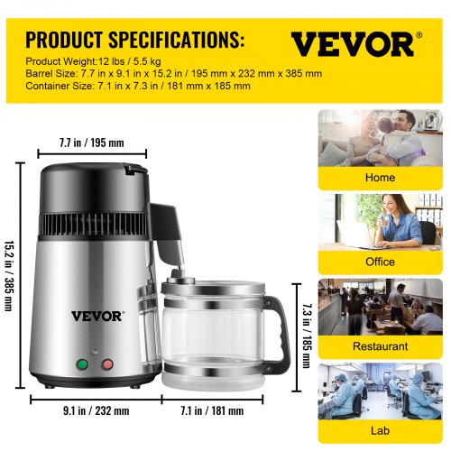 VEVOR Silver Water Distiller 1.1 Gallon/4 L Stainless Steel Water Purifier Distiller 750W Water Distillation Countertop Water Distiller Machine with Connection Bottle Glass Container for Offices Home