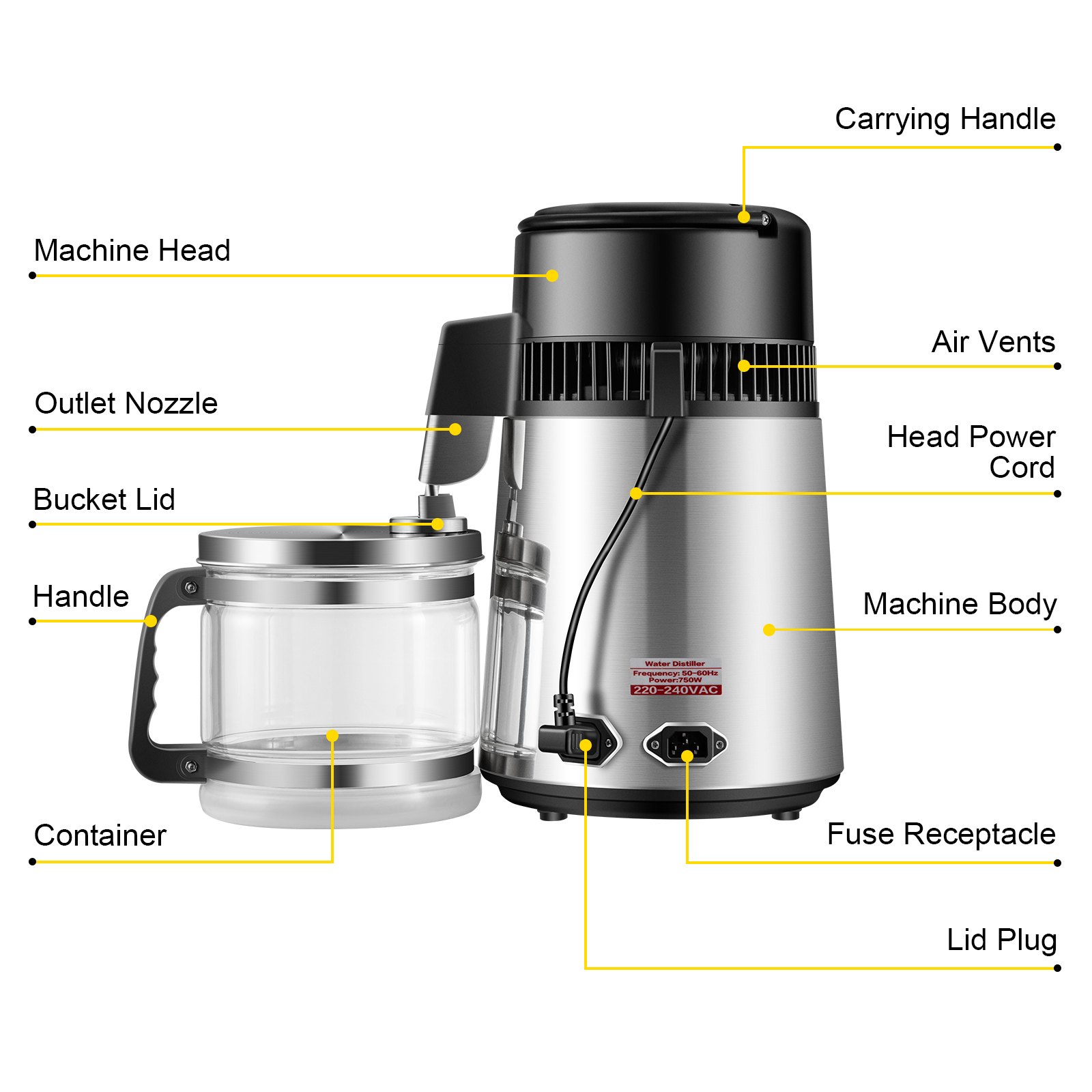 VEVOR Silver Water Distiller 1.1 Gallon/4 L Stainless Steel Water Purifier Distiller 750W Water Distillation Countertop Water Distiller Machine with Connection Bottle Glass Container for Offices Home