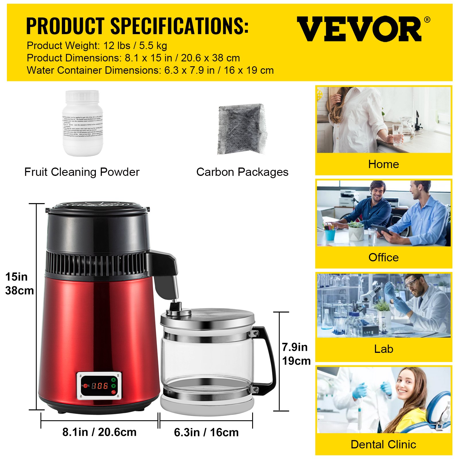 VEVOR Red Water Distiller Machine 4L Adjustable Temperature Water Distiller 750W Stainless Steel Water Distiller Water Purifier Filter with Collection Bottle for Kitchen Home