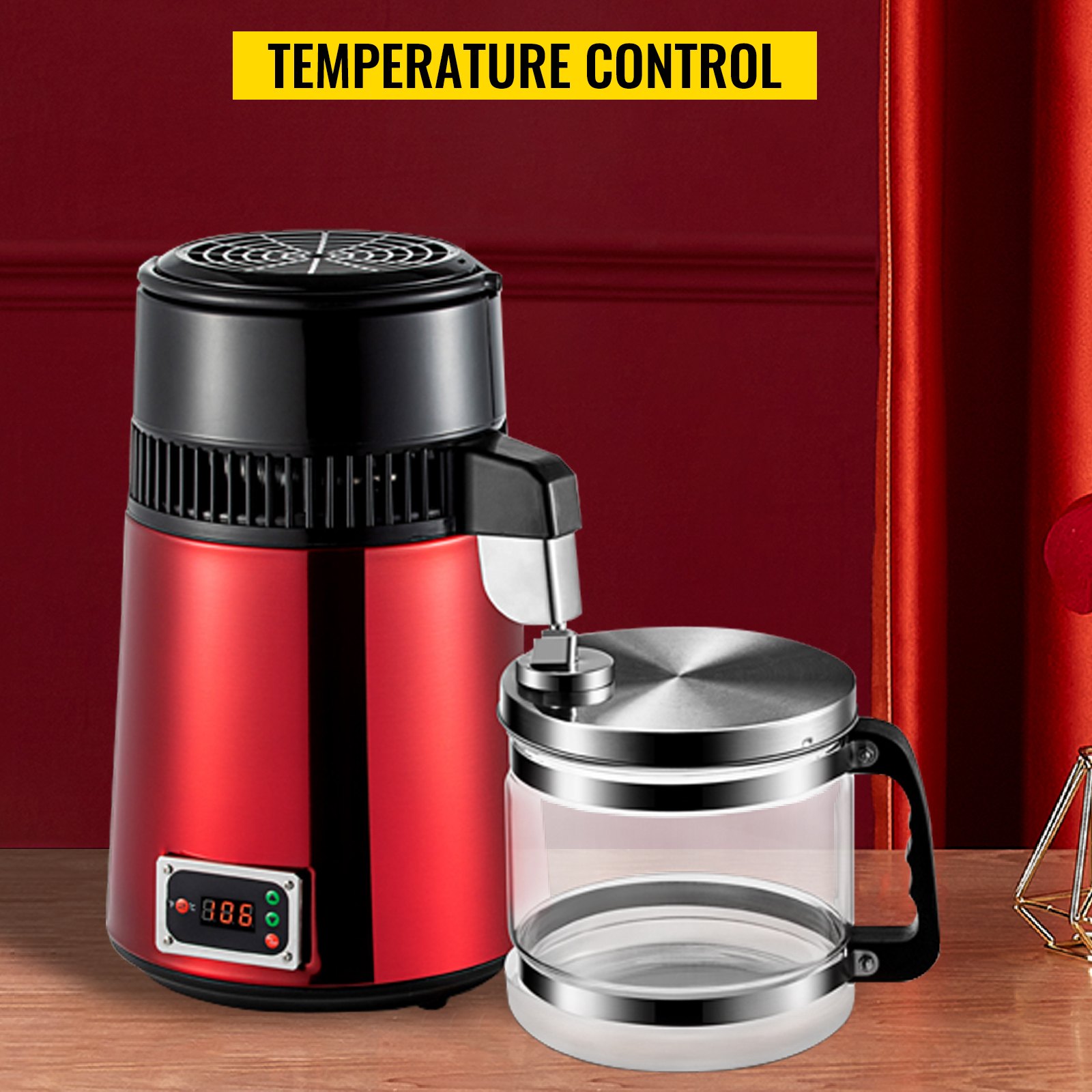VEVOR Red Water Distiller Machine 4L Adjustable Temperature Water Distiller 750W Stainless Steel Water Distiller Water Purifier Filter with Collection Bottle for Kitchen Home