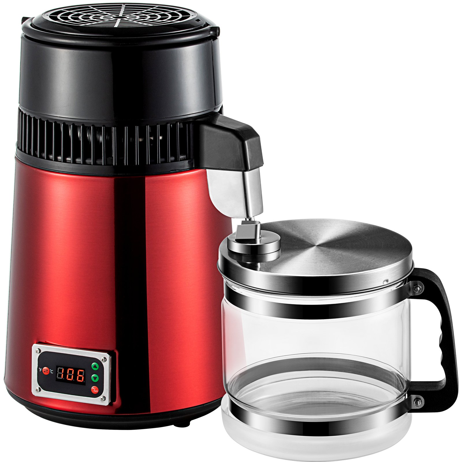 VEVOR Red Water Distiller Machine 4L Adjustable Temperature Water Distiller 750W Stainless Steel Water Distiller Water Purifier Filter with Collection Bottle for Kitchen Home