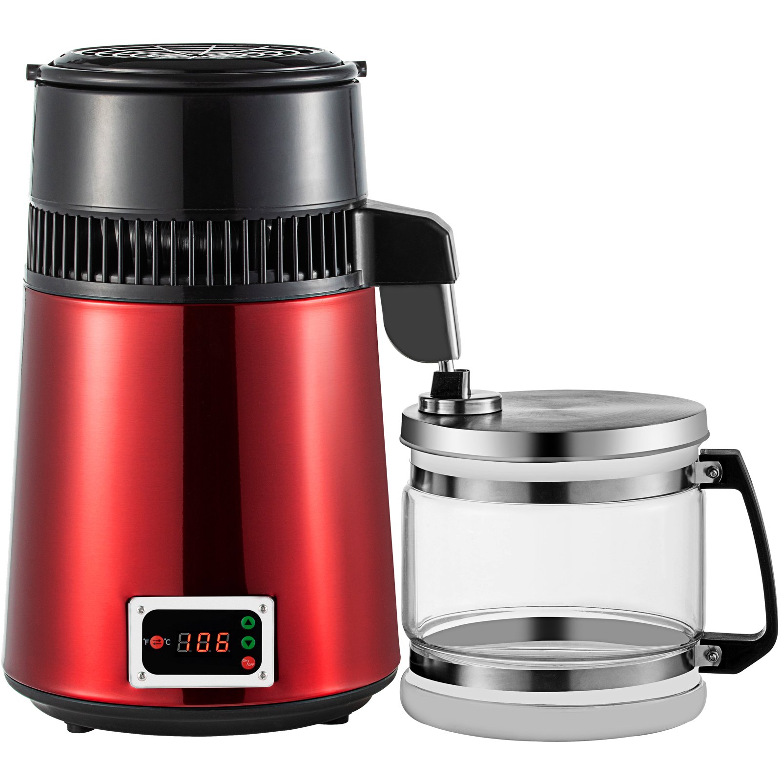 VEVOR Red Water Distiller Machine 4L Adjustable Temperature Water Distiller 750W Stainless Steel Water Distiller Water Purifier Filter with Collection Bottle for Kitchen Home