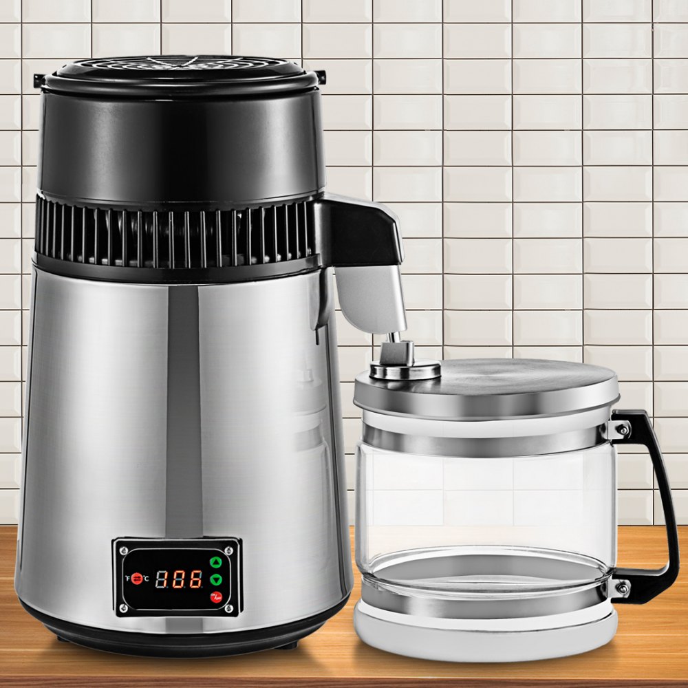 VEVOR Stainless Steel Water Distiller 745W Water Distillation Kit 1.0 Gallon/4.2 L Water Distiller Home Countertop Connection Bottle Food-Grade Outlet Glass Container (Digital Panel-Silver)