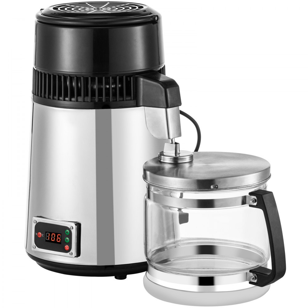 VEVOR Stainless Steel Water Distiller 745W Water Distillation Kit 1.0 Gallon/4.2 L Water Distiller Home Countertop Connection Bottle Food-Grade Outlet Glass Container (Digital Panel-Silver)