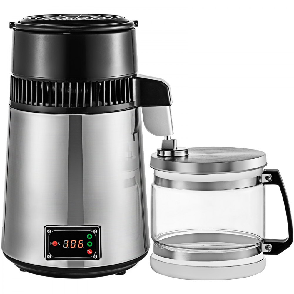 VEVOR Stainless Steel Water Distiller 745W Water Distillation Kit 1.0 Gallon/4.2 L Water Distiller Home Countertop Connection Bottle Food-Grade Outlet Glass Container (Digital Panel-Silver)
