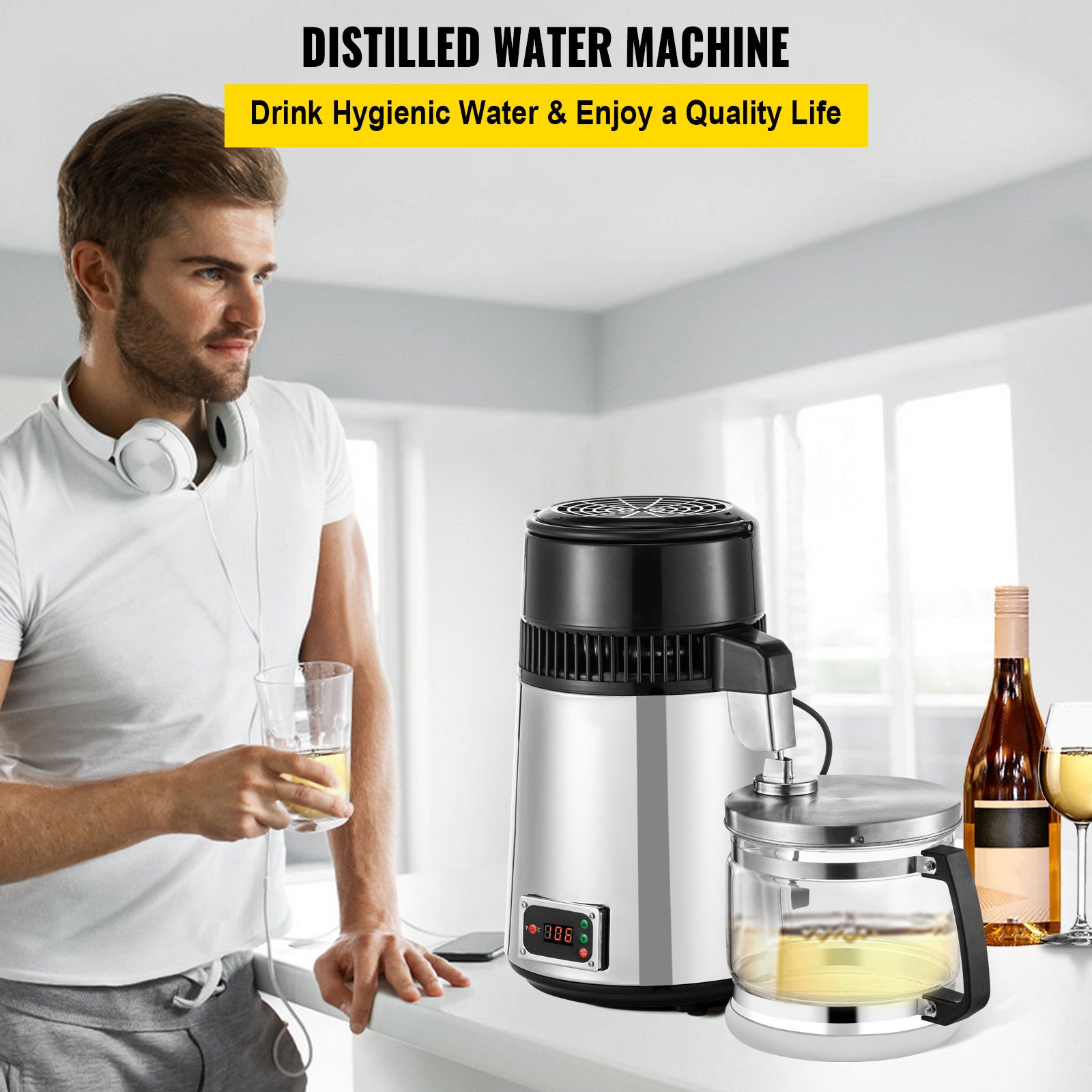 VEVOR Stainless Steel Water Distiller 745W Water Distillation Kit 1.0 Gallon/4.2 L Water Distiller Home Countertop Connection Bottle Food-Grade Outlet Glass Container (Digital Panel-Silver)