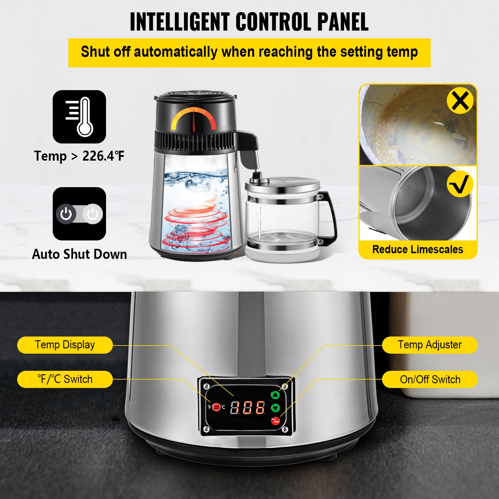 VEVOR Stainless Steel Water Distiller 745W Water Distillation Kit 1.0 Gallon/4.2 L Water Distiller Home Countertop Connection Bottle Food-Grade Outlet Glass Container (Digital Panel-Silver)